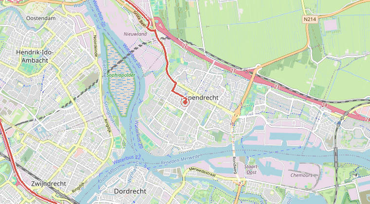Kaart van de omgeving van de melding, met de kazerne die is gealarmeerd