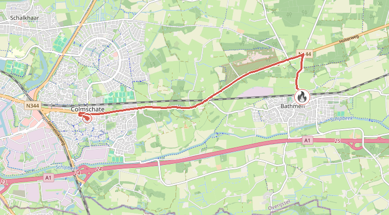 Kaart van de omgeving van de melding, met de kazerne die is gealarmeerd
