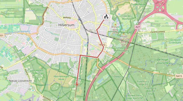 Kaart van de omgeving van de melding, met de kazerne die is gealarmeerd