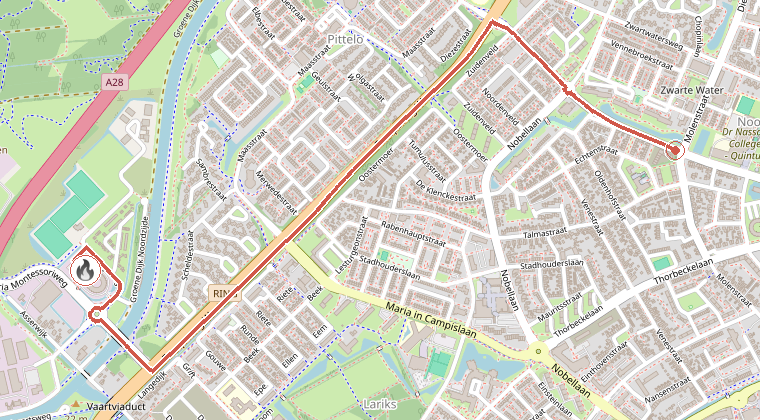 Kaart van de omgeving van de melding, met de kazerne die is gealarmeerd
