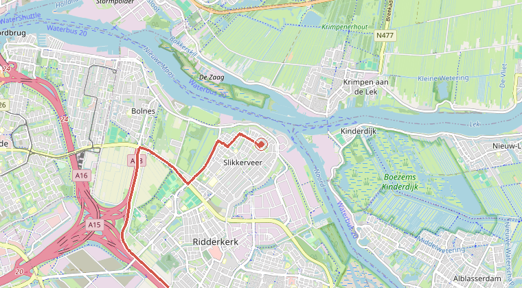 Kaart van de omgeving van de melding, met de kazerne die is gealarmeerd