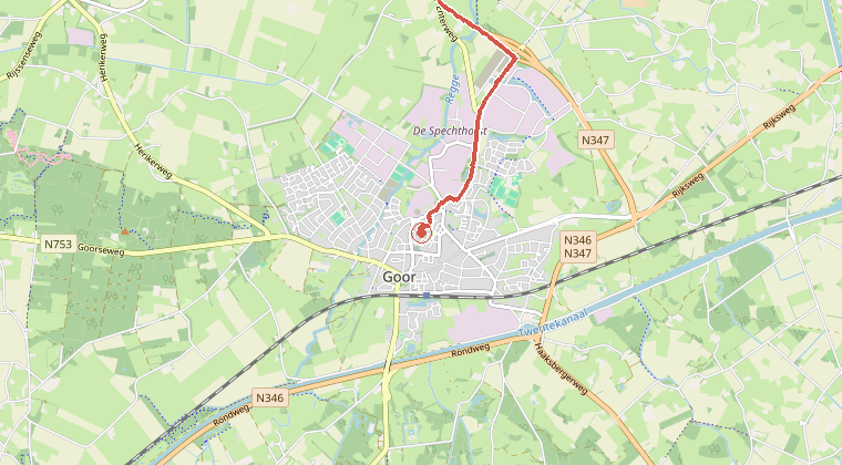 Kaart van de omgeving van de melding, met de kazerne die is gealarmeerd
