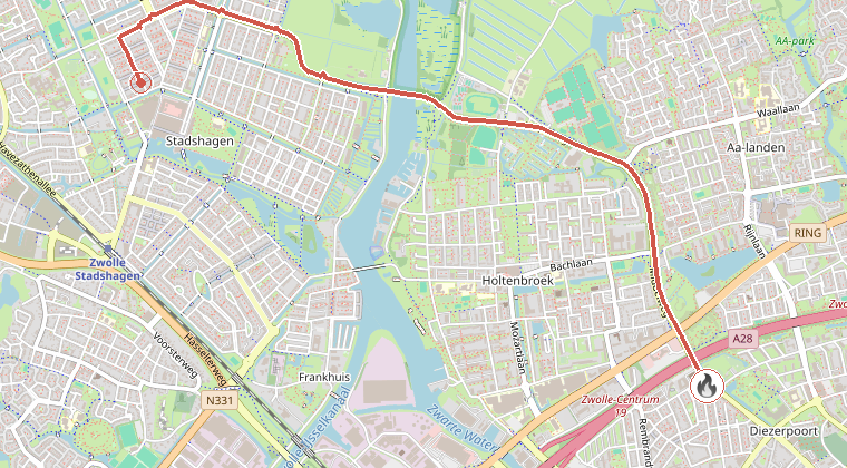 Kaart van de omgeving van de melding, met de kazerne die is gealarmeerd