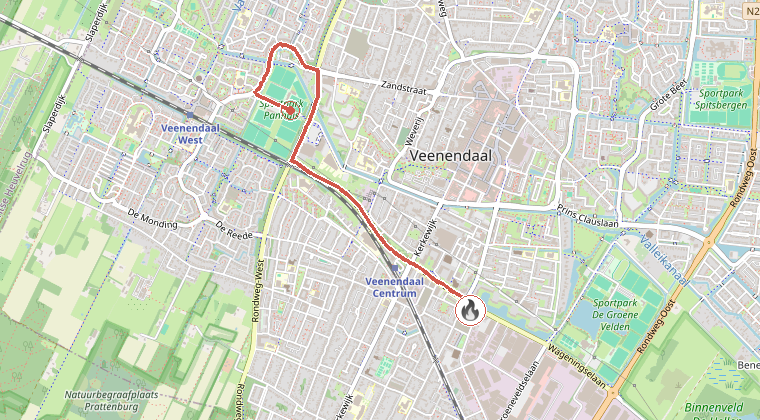 Kaart van de omgeving van de melding, met de kazerne die is gealarmeerd