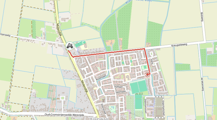 Kaart van de omgeving van de melding, met de kazerne die is gealarmeerd