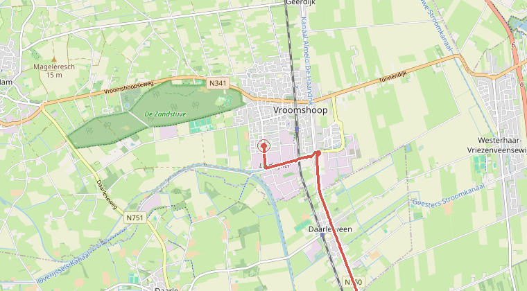 Kaart van de omgeving van de melding, met de kazerne die is gealarmeerd