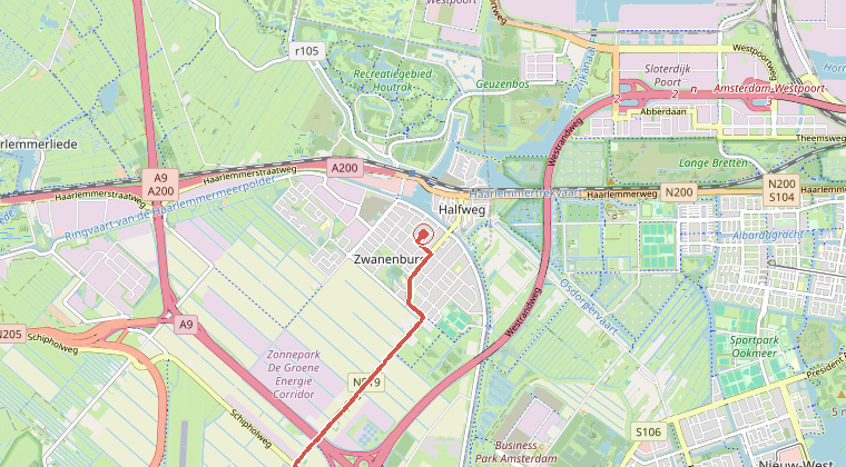 Kaart van de omgeving van de melding, met de kazerne die is gealarmeerd