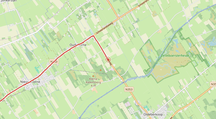 Kaart van de omgeving van de melding, met de kazerne die is gealarmeerd