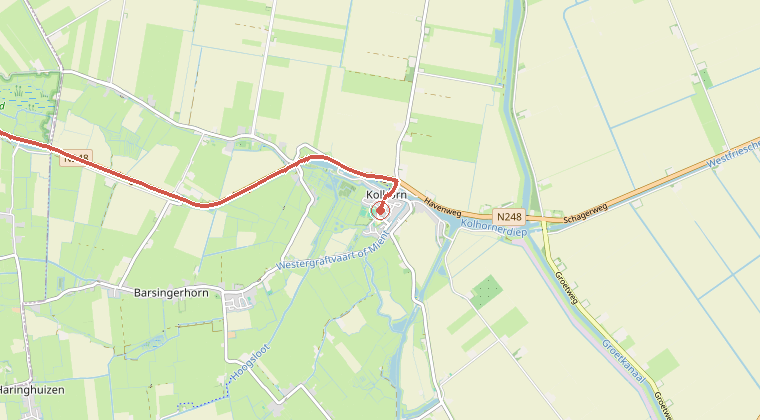 Kaart van de omgeving van de melding, met de kazerne die is gealarmeerd