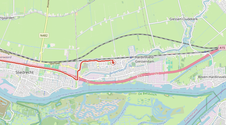 Kaart van de omgeving van de melding, met de kazerne die is gealarmeerd
