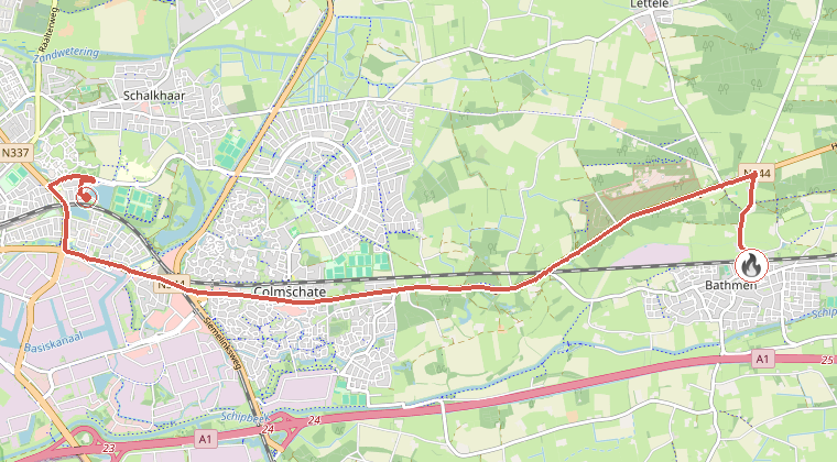 Kaart van de omgeving van de melding, met de kazerne die is gealarmeerd