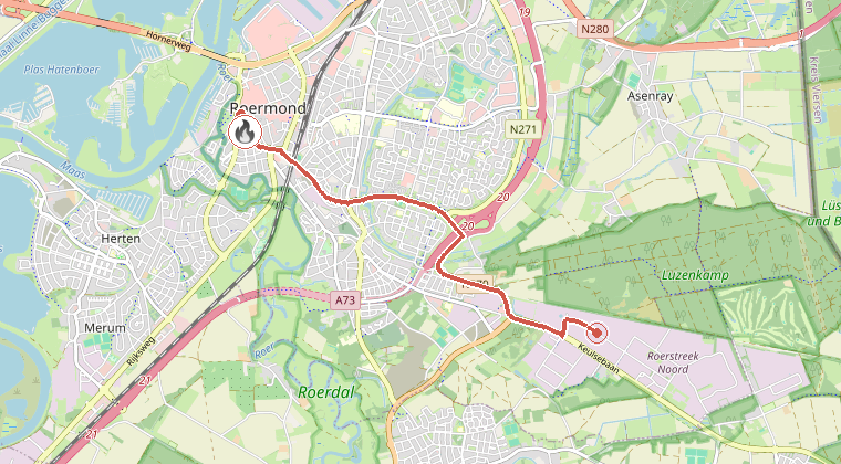 Kaart van de omgeving van de melding, met de kazerne die is gealarmeerd