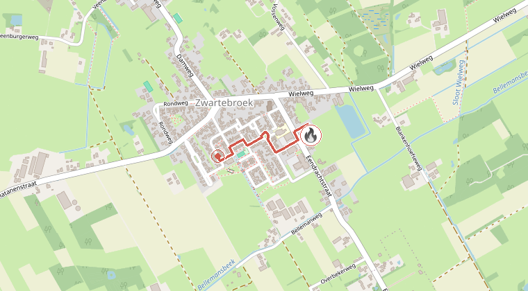 Kaart van de omgeving van de melding, met de kazerne die is gealarmeerd