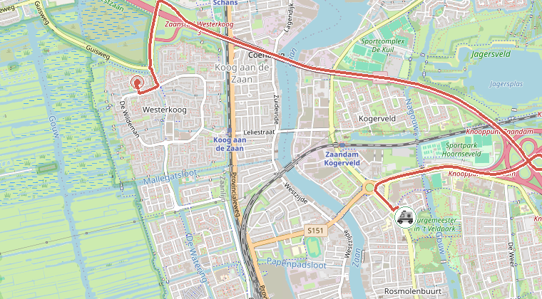Kaart van de omgeving van de melding, met de kazerne die is gealarmeerd