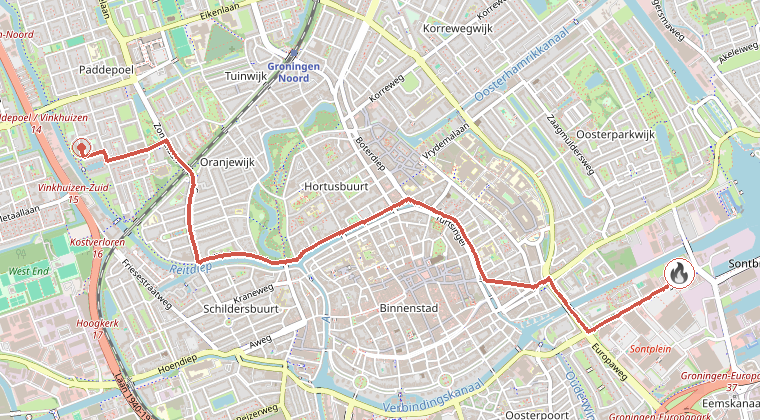 Kaart van de omgeving van de melding, met de kazerne die is gealarmeerd