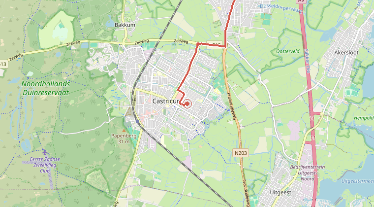 Kaart van de omgeving van de melding, met de kazerne die is gealarmeerd