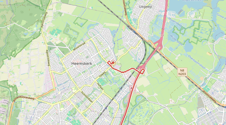 Kaart van de omgeving van de melding, met de kazerne die is gealarmeerd