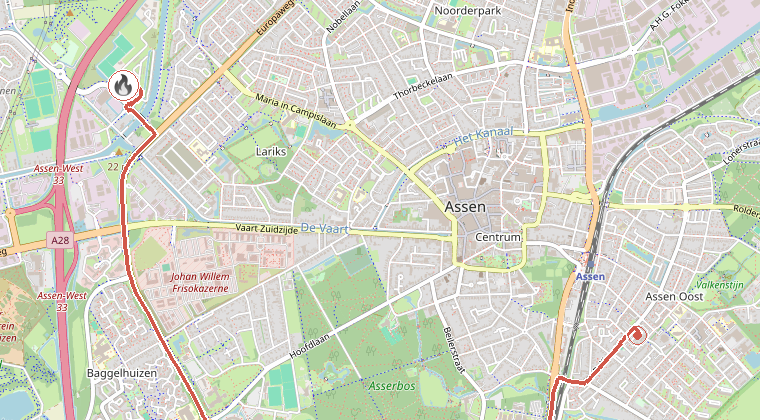 Kaart van de omgeving van de melding, met de kazerne die is gealarmeerd