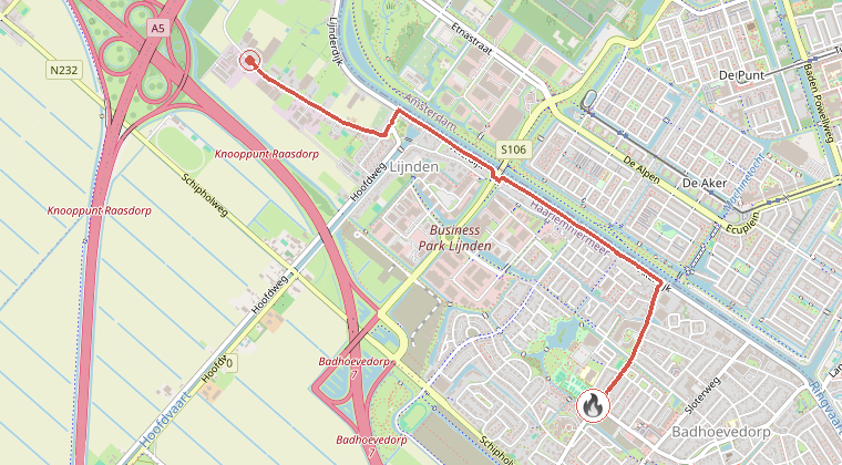 Kaart van de omgeving van de melding, met de kazerne die is gealarmeerd
