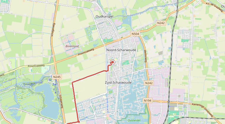 Kaart van de omgeving van de melding, met de kazerne die is gealarmeerd