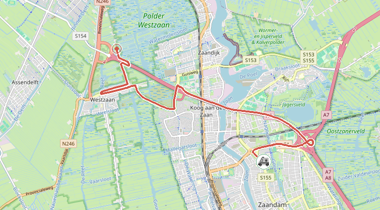 Kaart van de omgeving van de melding, met de kazerne die is gealarmeerd