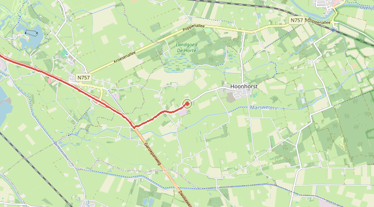 Kaart van de omgeving van de melding, met de kazerne die is gealarmeerd