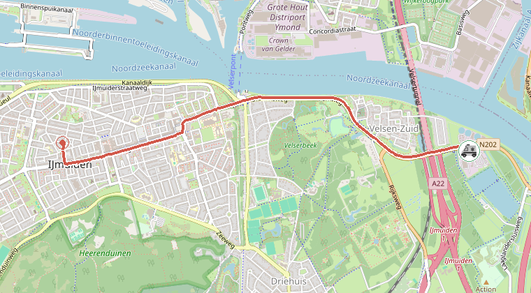 Kaart van de omgeving van de melding, met de kazerne die is gealarmeerd