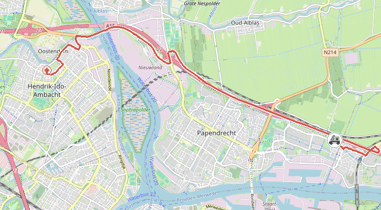 Kaart van de omgeving van de melding, met de kazerne die is gealarmeerd