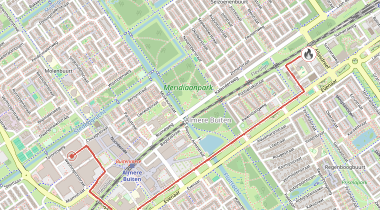 Kaart van de omgeving van de melding, met de kazerne die is gealarmeerd