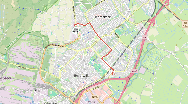 Kaart van de omgeving van de melding, met de kazerne die is gealarmeerd