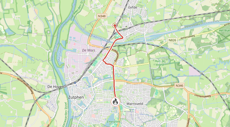 Kaart van de omgeving van de melding, met de kazerne die is gealarmeerd