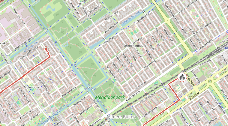 Kaart van de omgeving van de melding, met de kazerne die is gealarmeerd