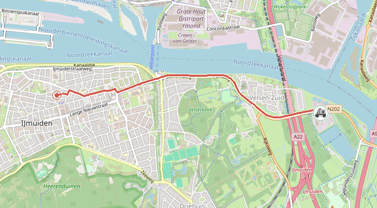 Kaart van de omgeving van de melding, met de kazerne die is gealarmeerd