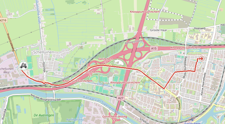 Kaart van de omgeving van de melding, met de kazerne die is gealarmeerd