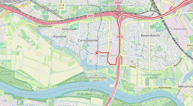 Kaart van de omgeving van de melding, met de kazerne die is gealarmeerd