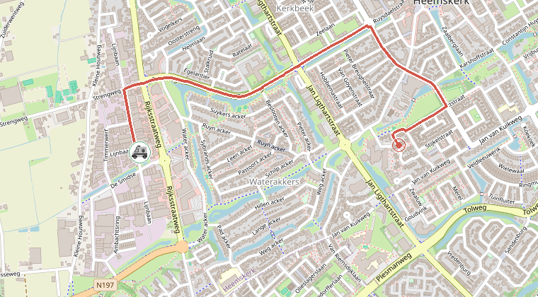 Kaart van de omgeving van de melding, met de kazerne die is gealarmeerd