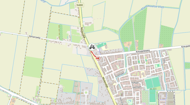 Kaart van de omgeving van de melding, met de kazerne die is gealarmeerd