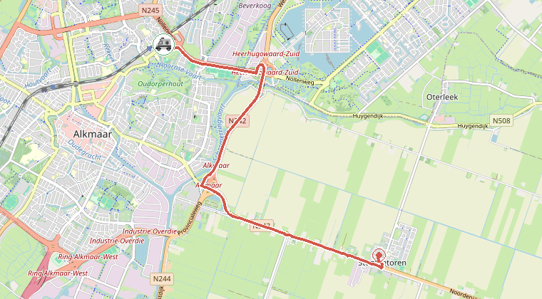 Kaart van de omgeving van de melding, met de kazerne die is gealarmeerd
