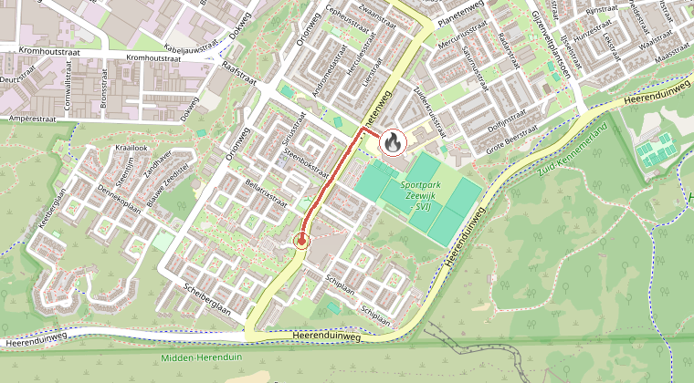 Kaart van de omgeving van de melding, met de kazerne die is gealarmeerd