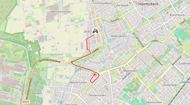 Kaart van de omgeving van de melding, met de kazerne die is gealarmeerd