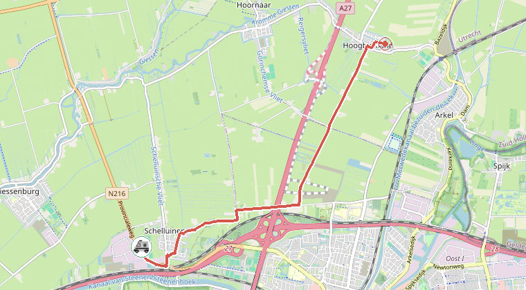 Kaart van de omgeving van de melding, met de kazerne die is gealarmeerd