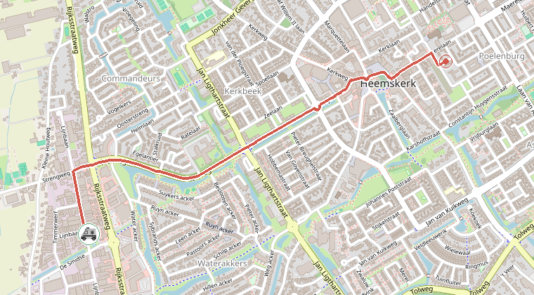 Kaart van de omgeving van de melding, met de kazerne die is gealarmeerd