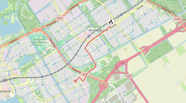 Kaart van de omgeving van de melding, met de kazerne die is gealarmeerd