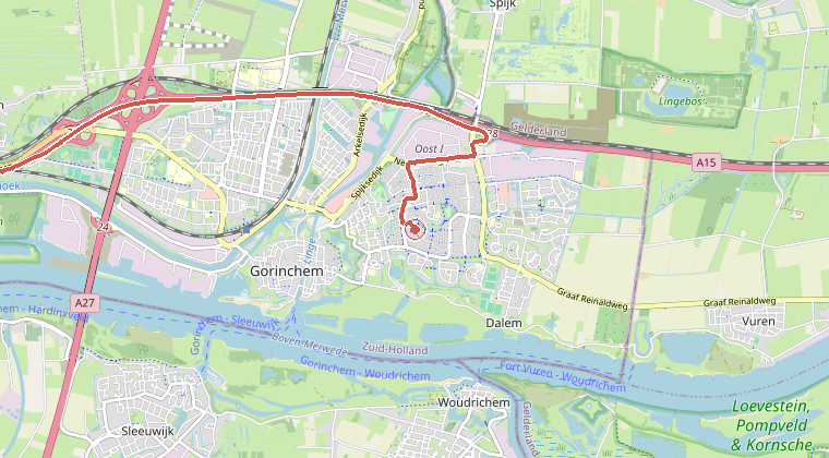 Kaart van de omgeving van de melding, met de kazerne die is gealarmeerd