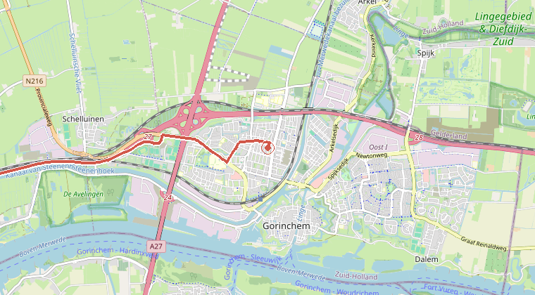 Kaart van de omgeving van de melding, met de kazerne die is gealarmeerd