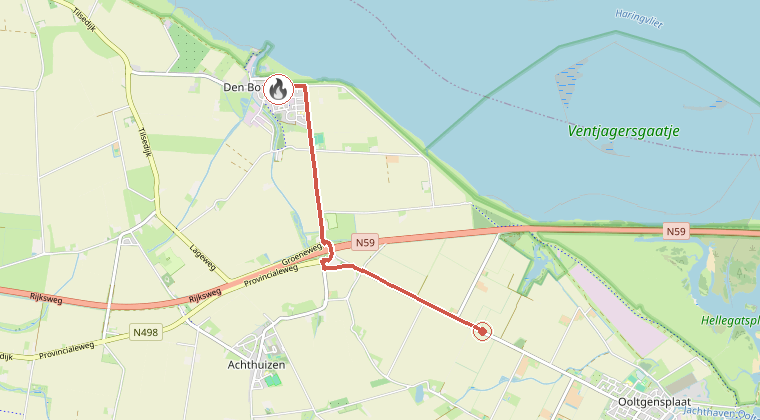 Kaart van de omgeving van de melding, met de kazerne die is gealarmeerd