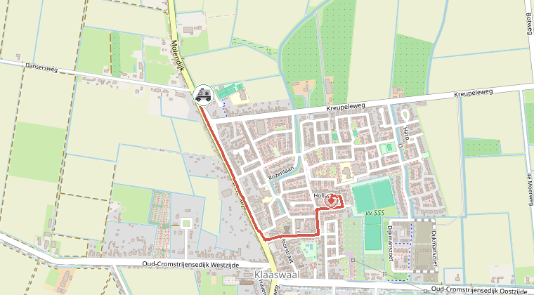 Kaart van de omgeving van de melding, met de kazerne die is gealarmeerd