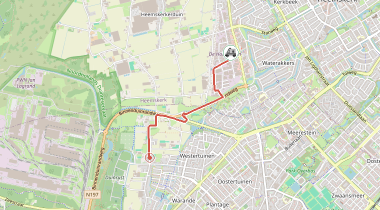 Kaart van de omgeving van de melding, met de kazerne die is gealarmeerd