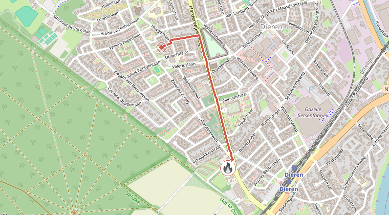 Kaart van de omgeving van de melding, met de kazerne die is gealarmeerd