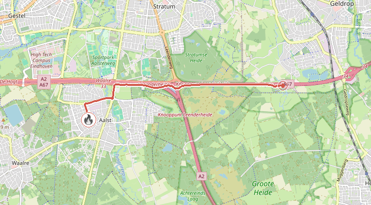 Kaart van de omgeving van de melding, met de kazerne die is gealarmeerd
